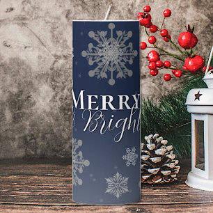 Blue Merry and Bright Snowflakes Christmas Pillar Candle