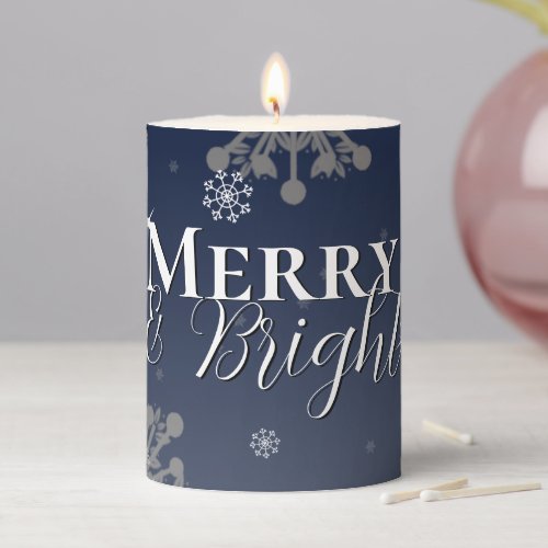 Blue Merry and Bright Snowflakes Christmas Pillar Candle