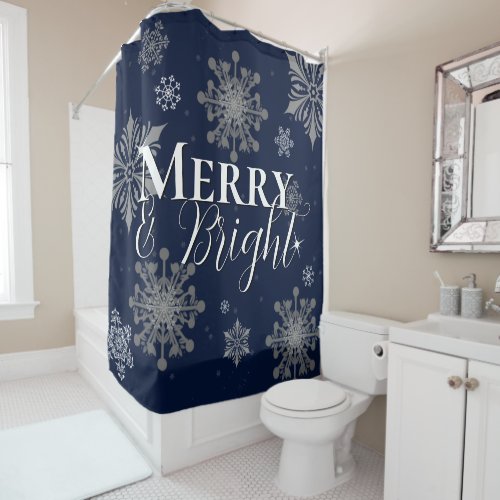 Blue Merry and Bright Snowflakes Christmas Shower Curtain