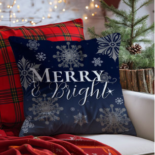Blue Merry and Bright Snowflakes Christmas Throw Pillow