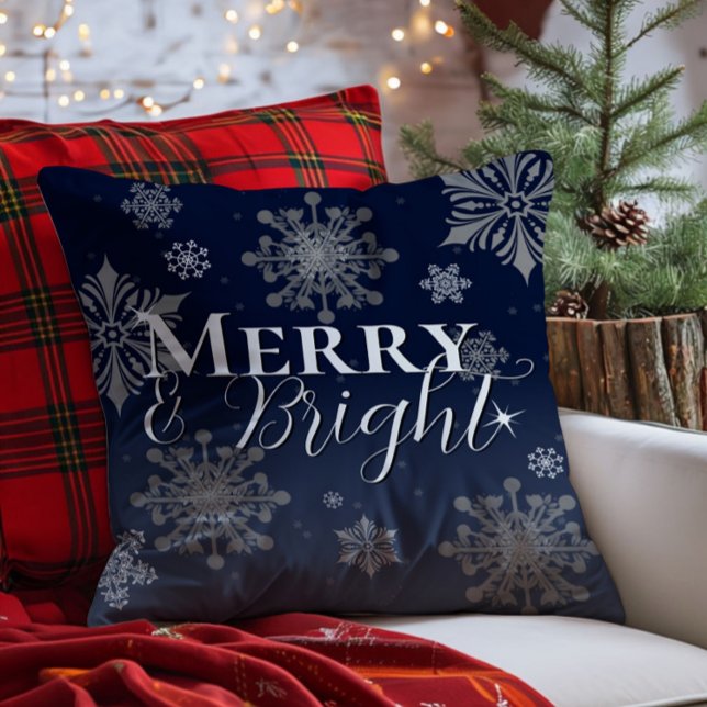 Blue Merry and Bright Snowflakes Christmas Throw Pillow (Blue Merry and Bright Snowflakes Christmas Throw Pillow)