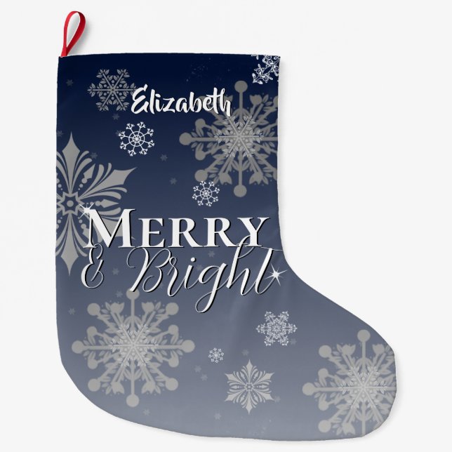 Blue Merry and Bright Snowflakes Large Christmas Stocking (Front)