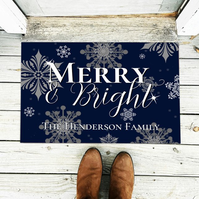 Blue Merry and Bright Snowflakes Personalized Doormat (Blue Merry and Bright Snowflakes Christmas Personalized Doormat)