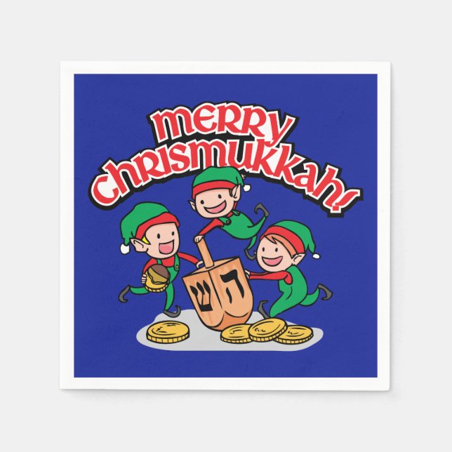 Blue Merry Chrismukkah with Elves and Dreidels Napkins (Front)