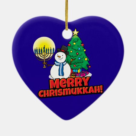 Blue Merry Chrismukkah With Snowman And Menorah Ceramic Ornament