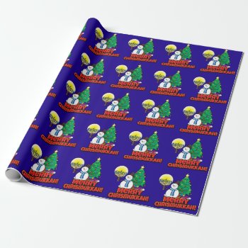 Blue Merry Chrismukkah With Snowman & Menorah Wrapping Paper by Shiksas_Chrismukkah at Zazzle
