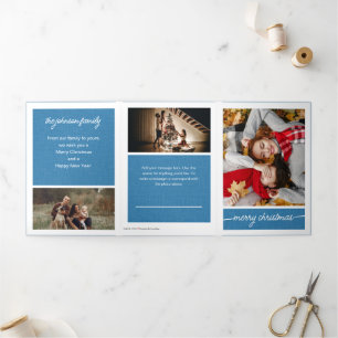 Blue Merry Christmas 5-Photo Family Letter Tri-Fold Holiday Card