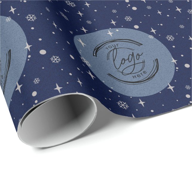 Blue Merry Christmas Business Logo Snowflake Wrapping Paper (Roll Corner)
