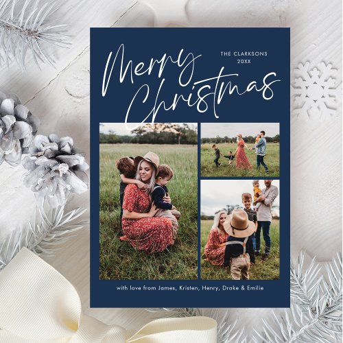 Blue Merry Christmas Calligraphy Script 3 Photo Holiday Card