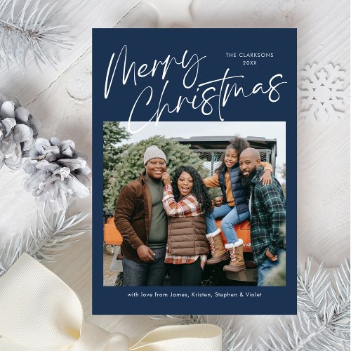 Blue Merry Christmas Calligraphy Script 4 Photo Holiday Card