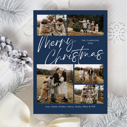 Blue Merry Christmas Calligraphy Script 5 Photo Holiday Card