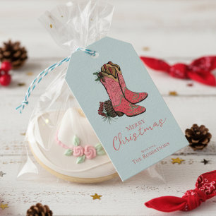 Blue Merry Christmas Cowgirl Boots and Plaid Gift Tags