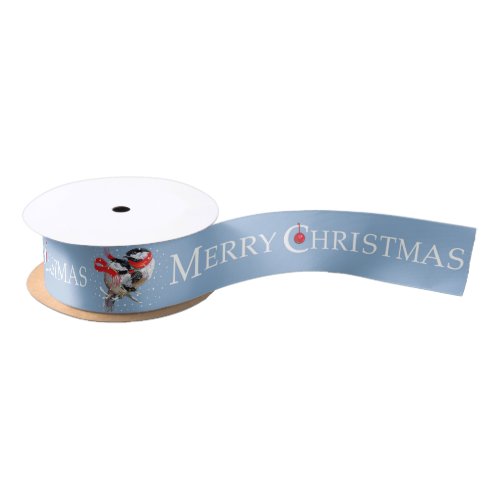 Blue Merry Christmas Cuddling Chickadees Couple Satin Ribbon