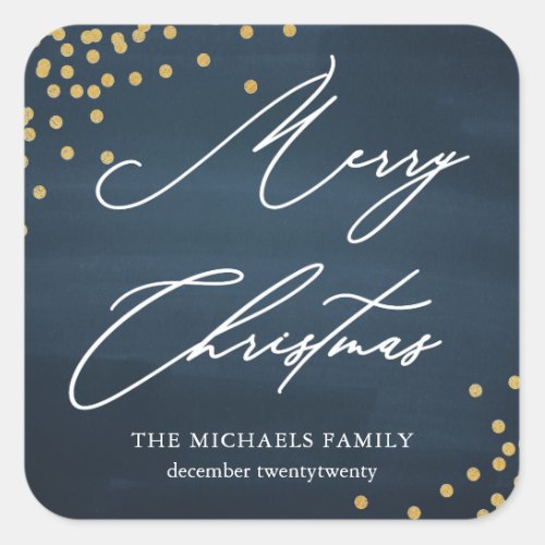 Blue Merry Christmas Elegant Script with Faux Gold Square Sticker