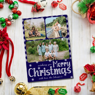 Blue Merry Christmas Family Photos & Snowflake Holiday Card