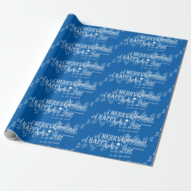 Blue Merry Christmas Happy New Year Wrapping Paper (Unrolled)