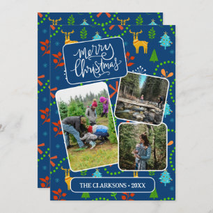 Blue Merry Christmas In The Forest Pattern Photo Holiday Card