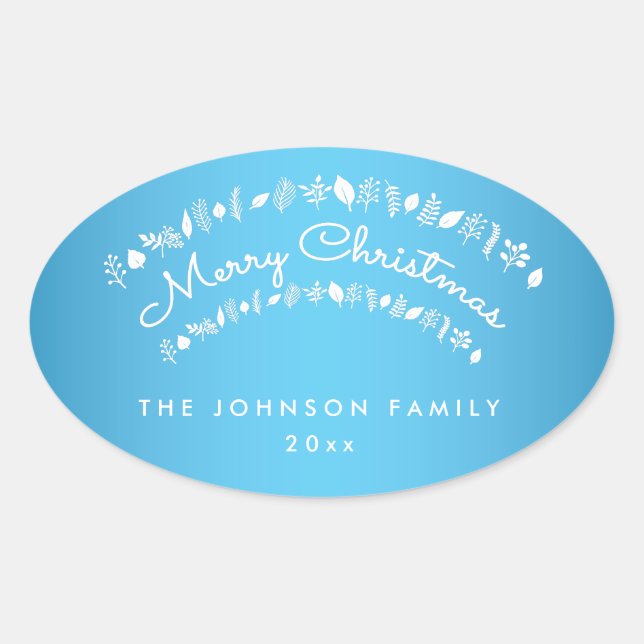 Blue Merry Christmas Oval Stickers (Front)