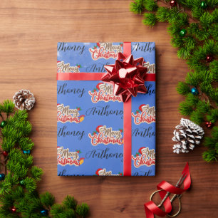 Blue Merry Christmas Script Customized Name Wrapping Paper