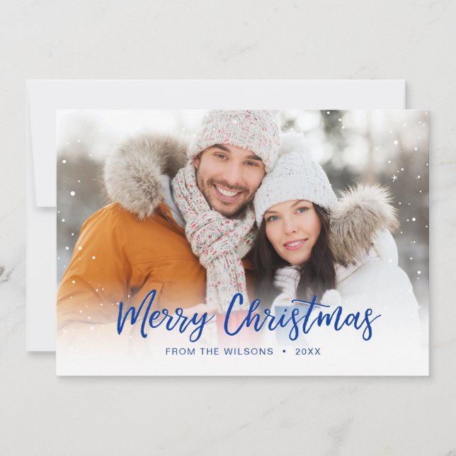 Blue Merry Christmas Script Overlay Holiday Photo (Front)