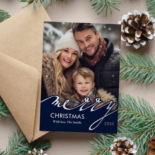 Blue Merry Christmas Script Photo Foil Holiday Card