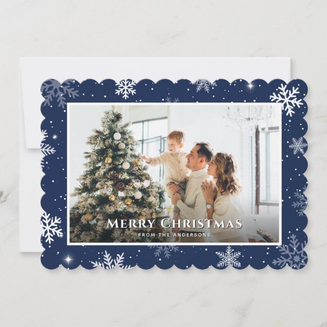 Blue Merry Christmas Snowflake Photo Holiday Card (Front)