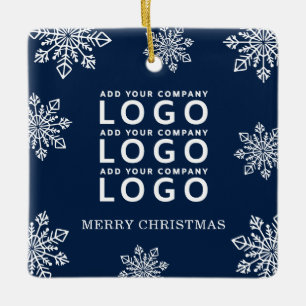 Blue Merry Christmas Snowflakes Business Logo Ceramic Ornament