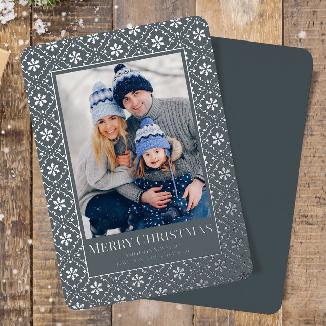 Blue Merry Christmas Snowflakes Real Silver  Foil Holiday Card (Merry Christmas holiday photo card template with real gold foil. )