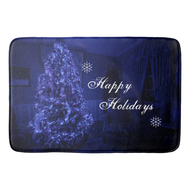 Blue Merry Christmas Tree Lights Bath Mat (Front)
