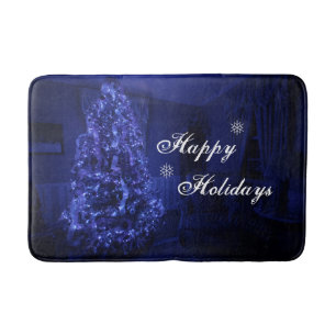 Blue Merry Christmas Tree Lights Bathroom Mat