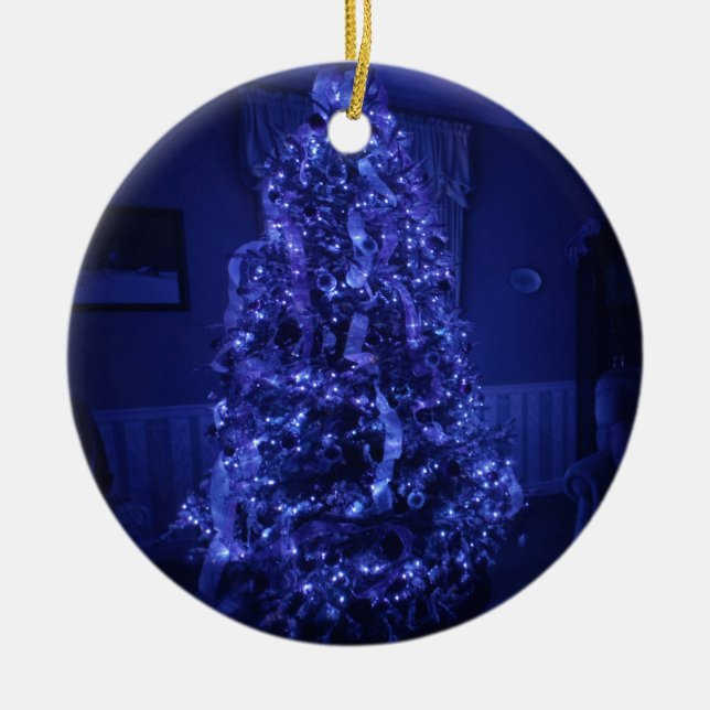 Blue Merry Christmas Tree Lights Ceramic Ornament (Front)