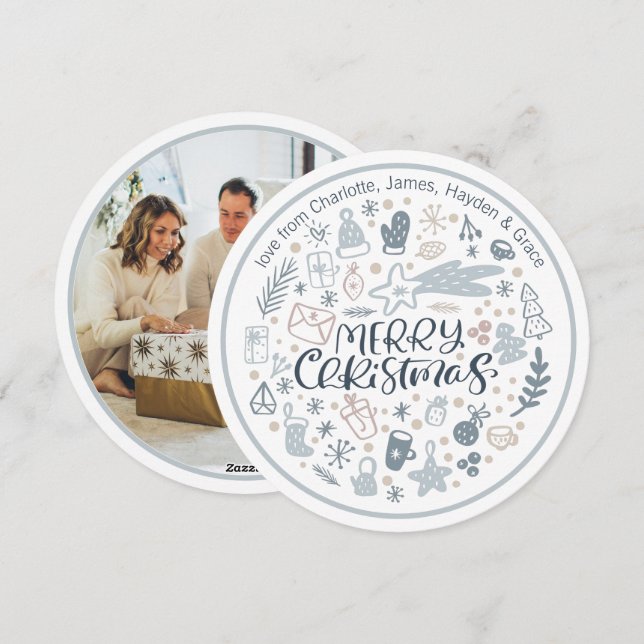 Blue Merry Christmas Typography Personalized Photo Holiday Card (Front/Back)