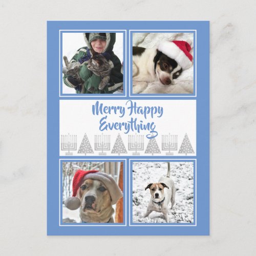 Blue Merry Happy 4 Photo Hanukkah Christmas Postcard