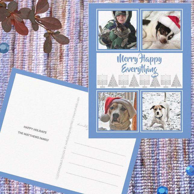 Blue Merry Happy 4 Photo Hanukkah Christmas Postcard (It's simple to add your photos and custom text to these Christmas and Hanukkah interfaith postcards)