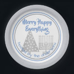 Blue Merry Happy Everything Party Chrismukkah Paper Plates<br><div class="desc">Personalize these fun MERRY HAPPY EVERYTHING paper party plates in blue, faux silver and white for a one of a kind Chrismukkah party. Featuring my faux silver polka dot modern Christmas tree and matching Hanukkah menorah, the design is finished with cornflower blue mixed fonts and complimentary borders around the plate....</div>