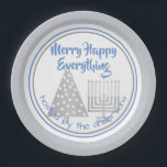 Blue Merry Happy Everything Party Chrismukkah Paper Plates<br><div class="desc">Personalize these fun MERRY HAPPY EVERYTHING paper party plates in blue, faux silver and white for a one of a kind Chrismukkah party. Featuring my faux silver polka dot modern Christmas tree and matching Hanukkah menorah, the design is finished with cornflower blue mixed fonts and complimentary borders around the plate....</div>