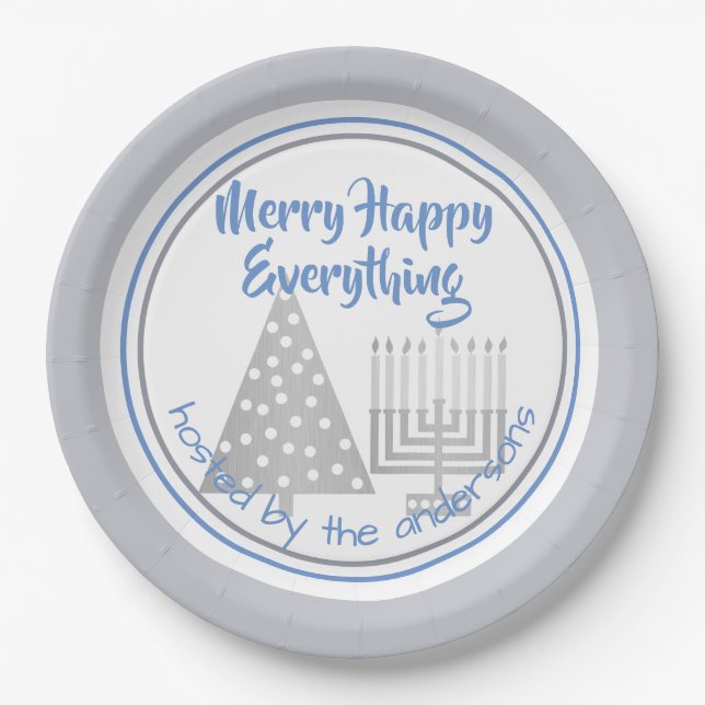 Blue Merry Happy Everything Party Chrismukkah Paper Plates (Front)
