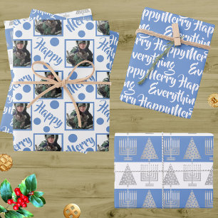 Blue Merry Happy Everything Photo Typography Wrapping Paper Sheets