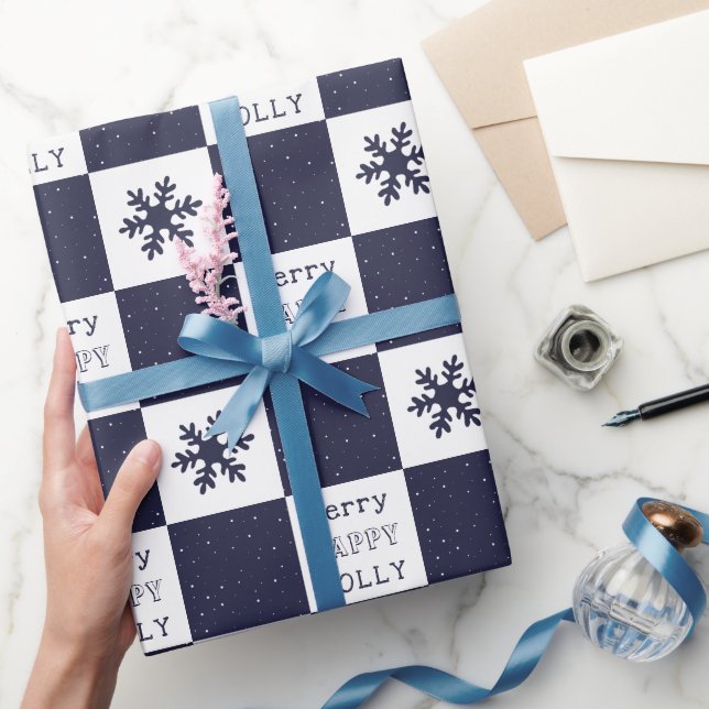 Blue Merry Jolly Happy Snowflakes  Wrapping Paper (Gifting)