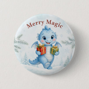Blue Merry Magic Baby Dragon Christmas Button