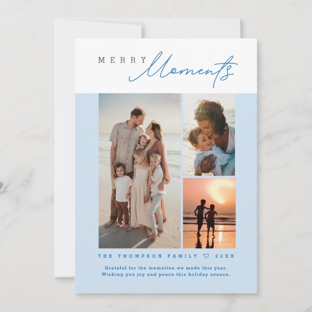 Blue Merry Moments coastal photo collage  Holiday Card (Front)