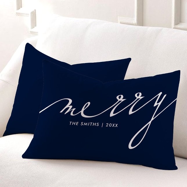 Blue "Merry" Script Letters Decorative Holiday Lumbar Pillow (Creator Uploaded)