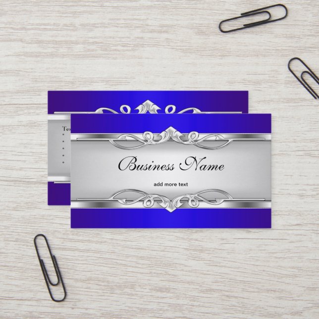 Blue Metal Chrome Look  Elegant White Style Silver Business Card (Front/Back In Situ)