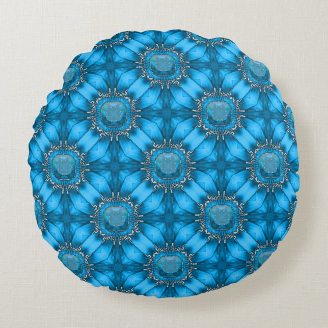 Blue Metal Flowers with Gems Pattern Round Pillow (Front)
