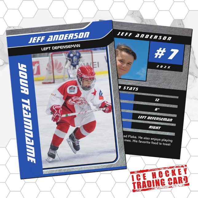 Blue Metal Ice Hockey Trading Card (Hockey Trading Card with custom team name and hockey player name in Blue and Black)