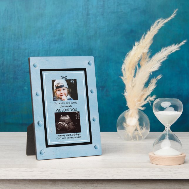 Blue Metal Stud Ultrasound 2 Photo Dad Plaque (Side)