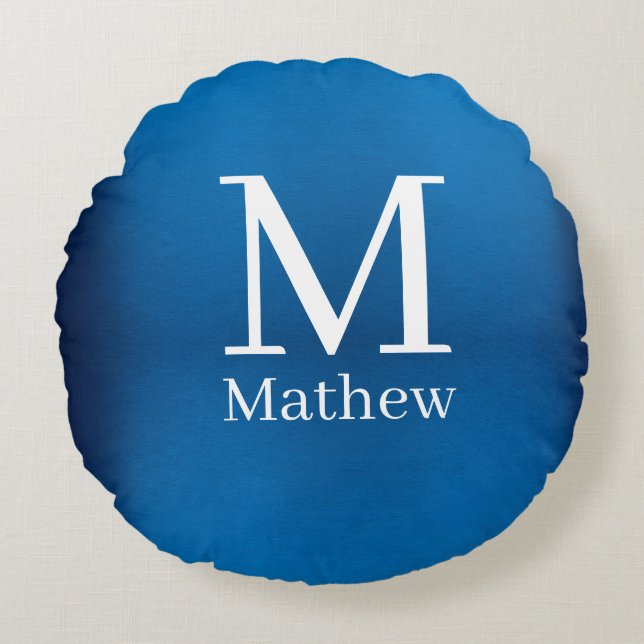 blue metallic abstract shiny monogram name man  round pillow (Front)