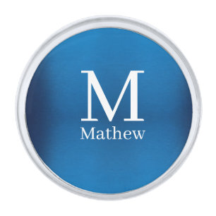 blue metallic abstract shiny monogram name man  silver finish lapel pin