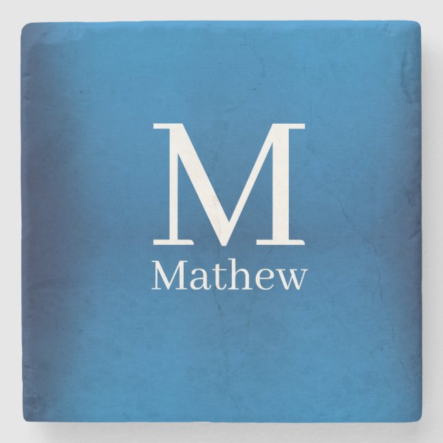 blue metallic abstract shiny monogram name man  stone coaster (Front)