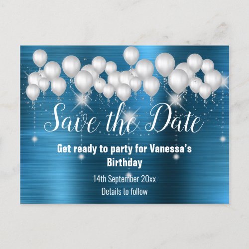 BLUE METALLIC BALLOON SAVE THE DATE ALL OCCASION ANNOUNCEMENT POSTCARD